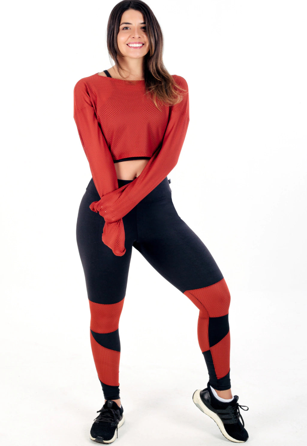 Conjunto Terracota Cropped Telado Manga Longa e Legging Recortes