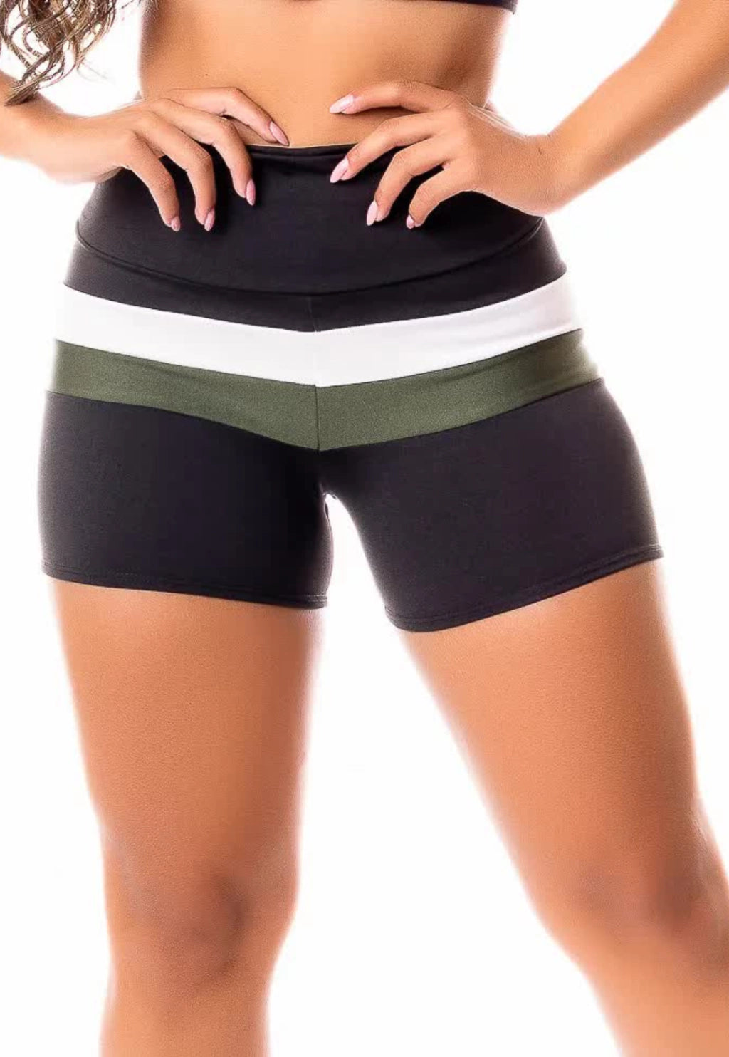 Short Fitness Color Block Esportivo - Preto, Branco e Verde