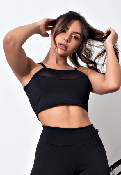 Top Cropped Fitness Preto com Tela no Decote - Moda e Conforto