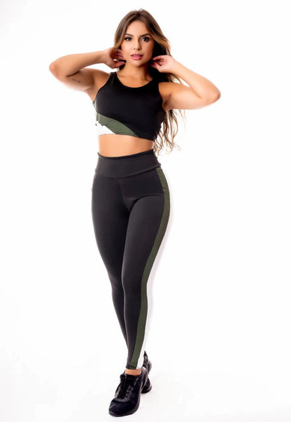 Conjunto Tricolor Athleisure: Preto, Verde Militar e Branco