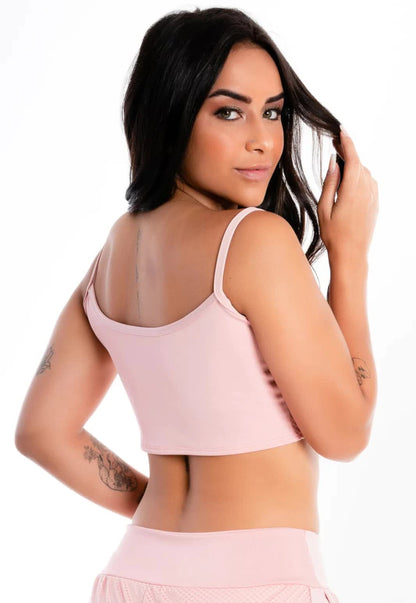 Top Cropped Rosa Texturizado Alças Finas