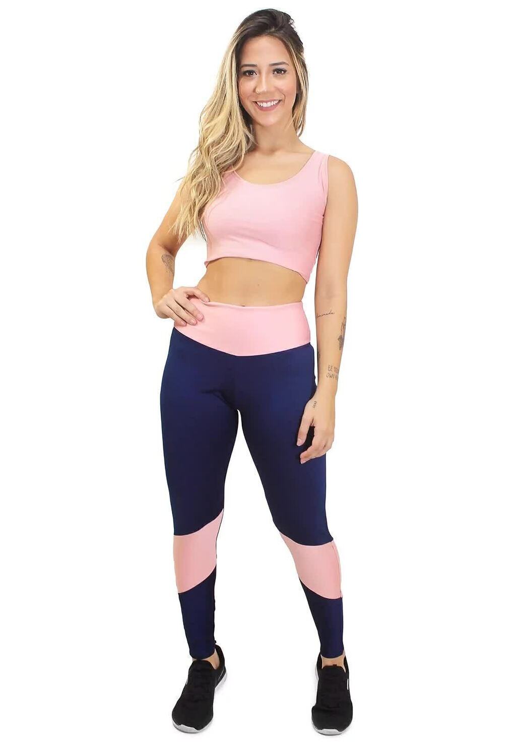 Conjunto Fitness Color Block Legging Azul Marinho e Top Rosa - Moda e Conforto