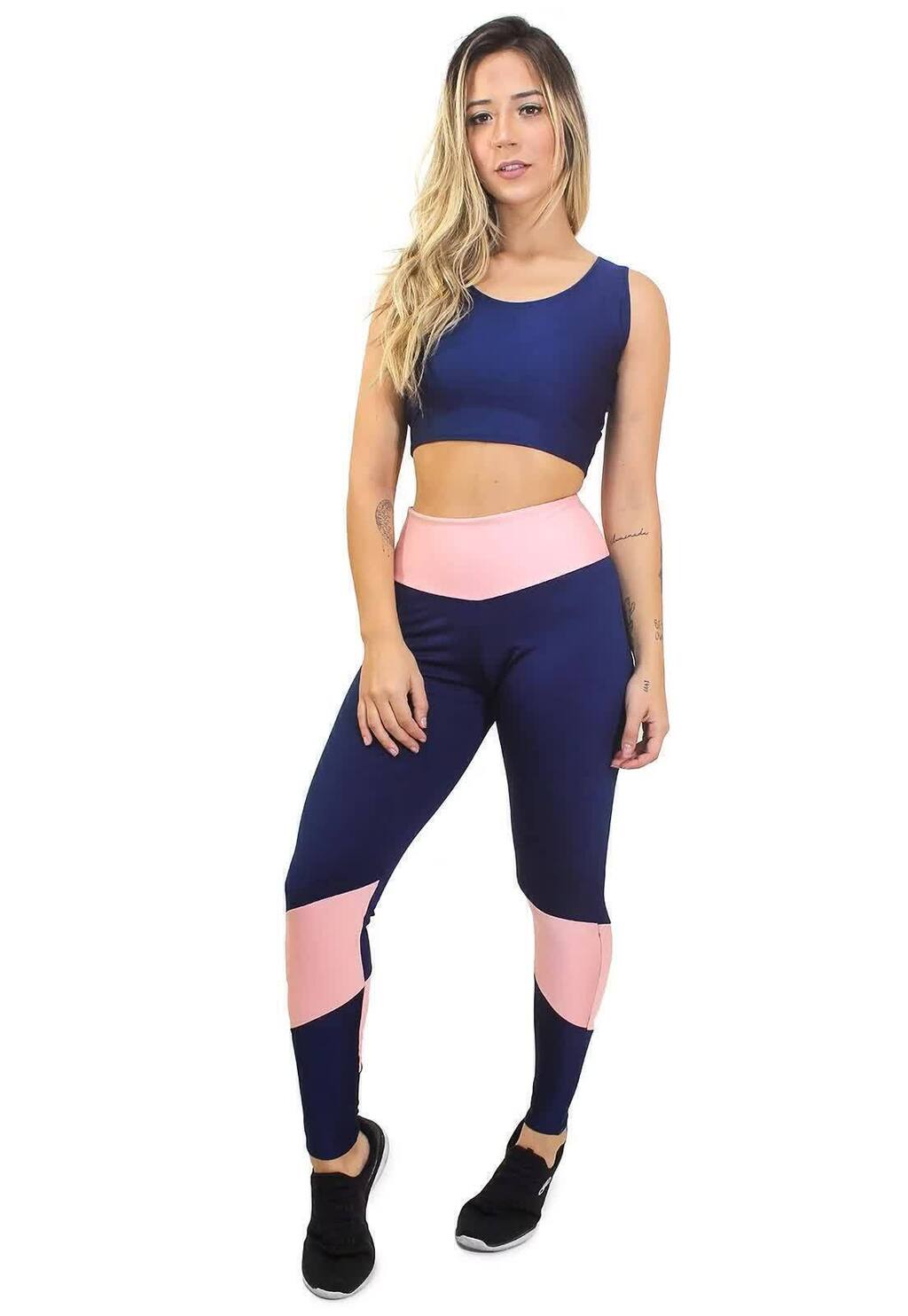 Conjunto Fitness Color Block Legging Azul Marinho e Top Rosa