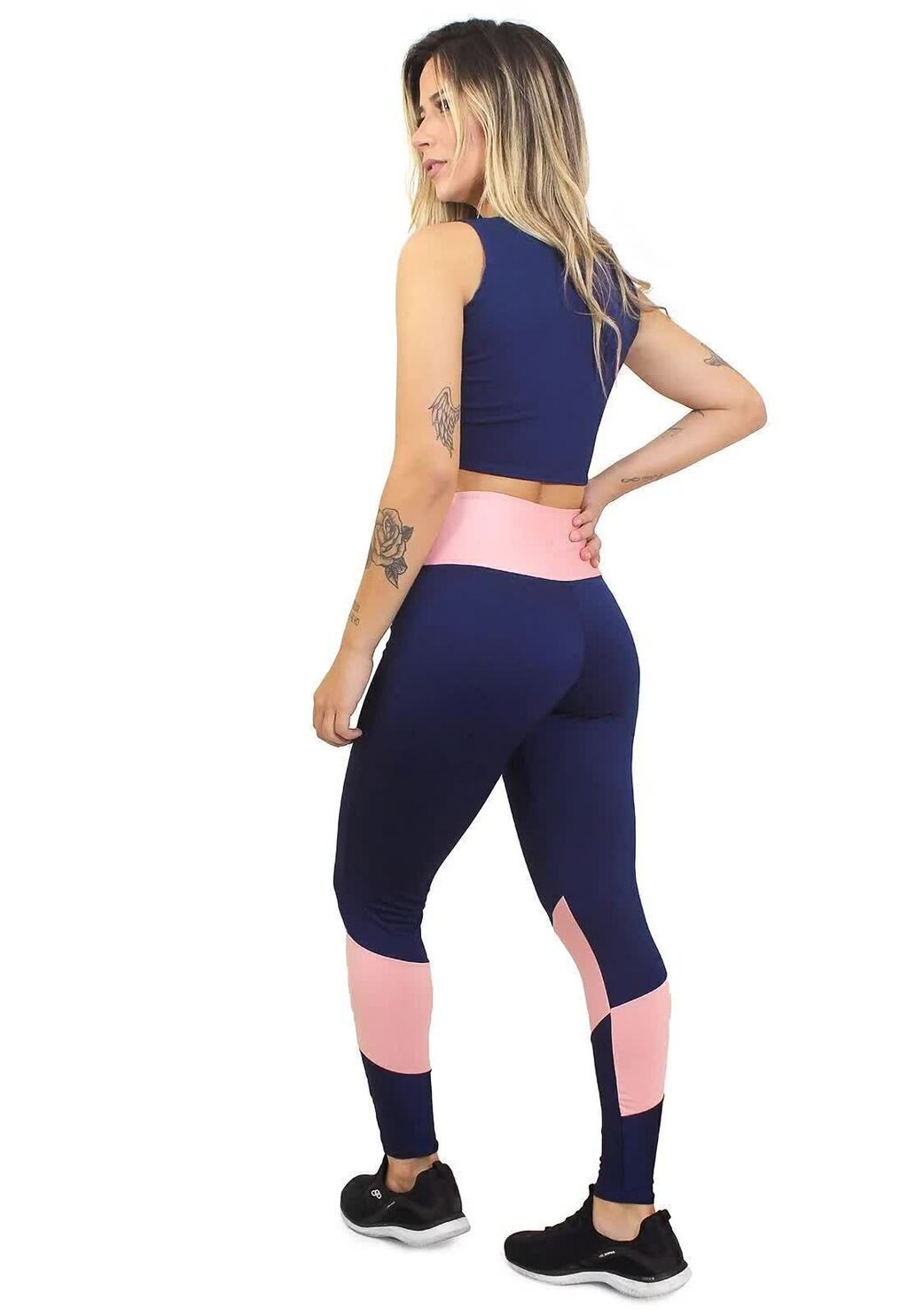 Conjunto Fitness Color Block Legging Azul Marinho e Top Rosa