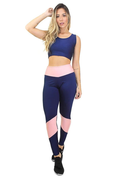 Conjunto Fitness Color Block Legging Azul Marinho e Top Rosa