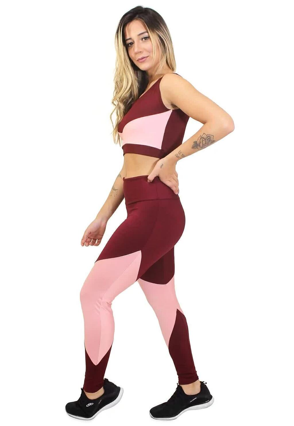 Conjunto Legging e Top Marsala e Rosa com Recortes Geométricos