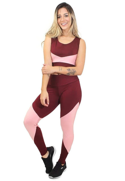 Conjunto Legging e Top Marsala e Rosa com Recortes Geométricos
