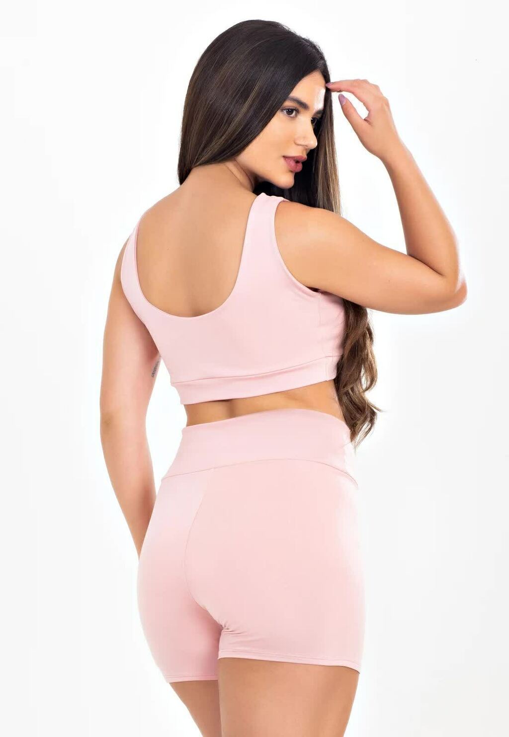Conjunto Fitness Rosa Claro - Top Franzido e Short com Amarração