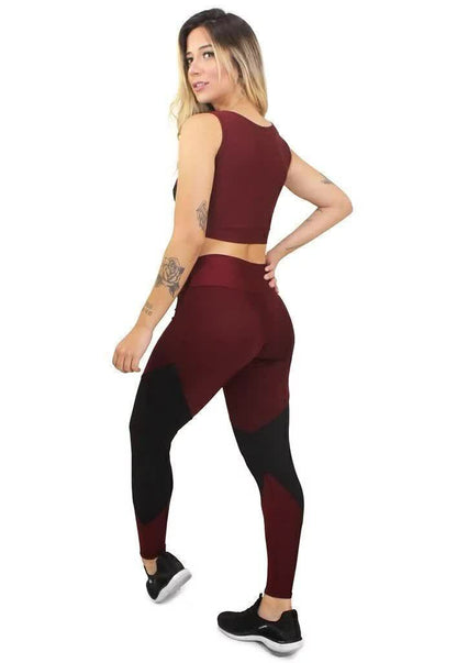 Conjunto Fitness Legging e Top Marsala e Preto - Recortes Geométricos