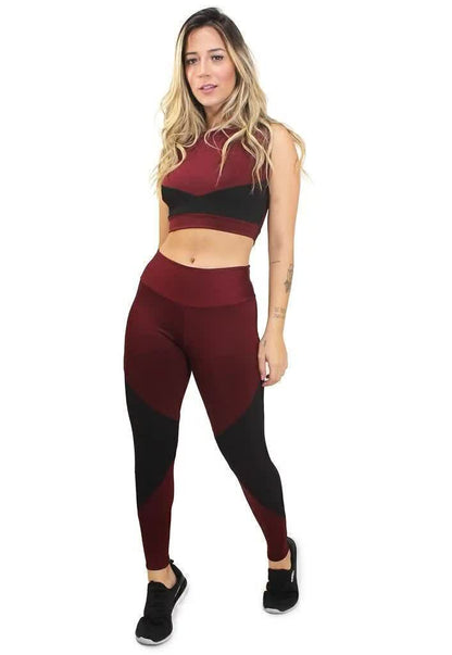 Conjunto Fitness Legging e Top Marsala e Preto - Recortes Geométricos