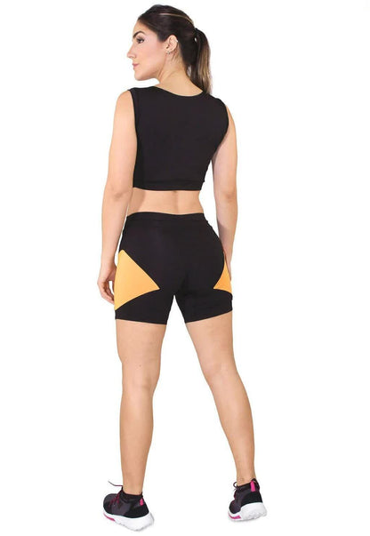 Conjunto Fitness Preto com Recortes Geométricos Laranja/Mostarda