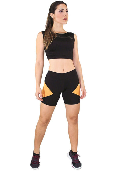 Conjunto Fitness Preto com Recortes Geométricos Laranja/Mostarda