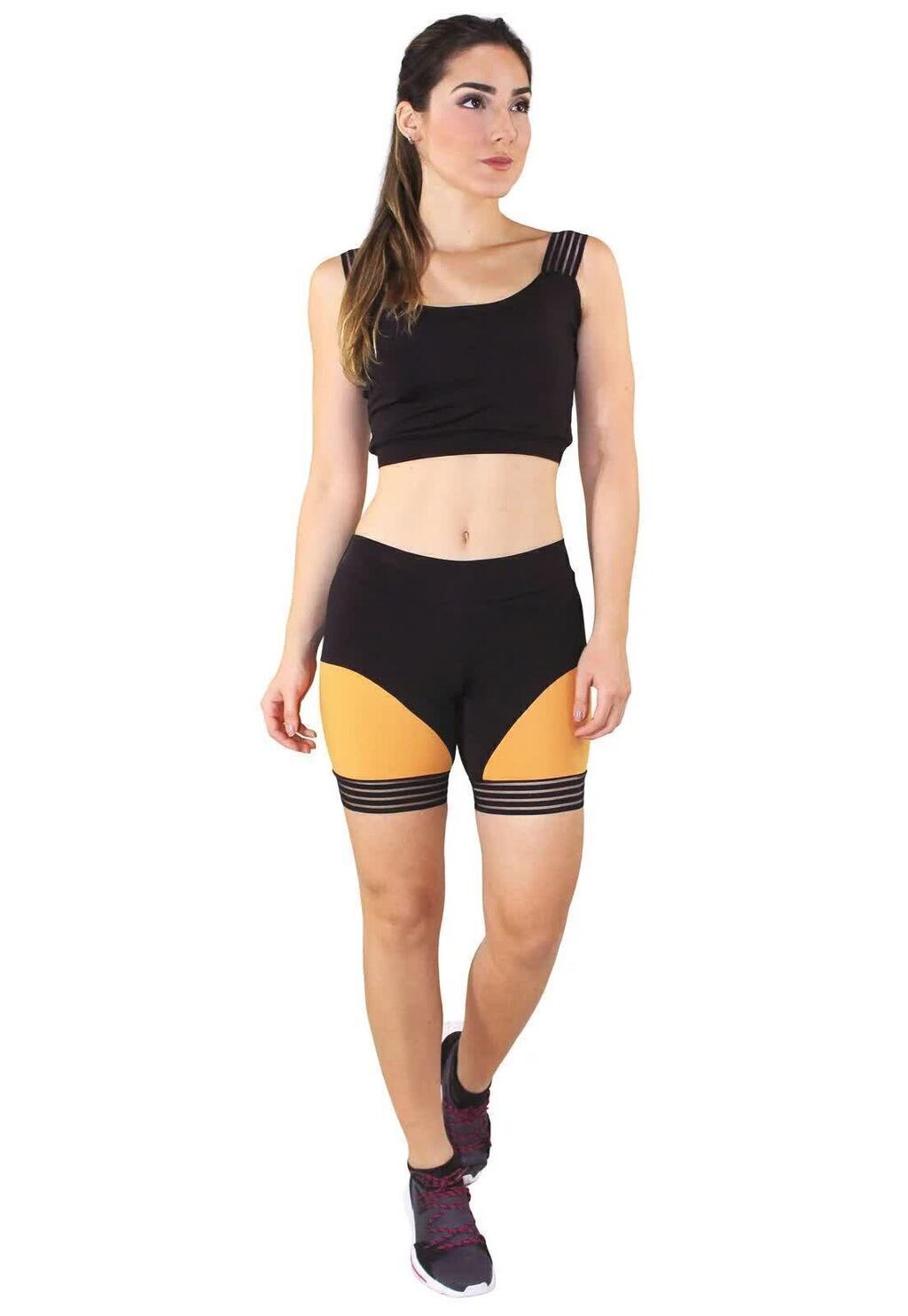 Conjunto Fitness Preto e Laranja/Mostarda com Recortes e Tiras