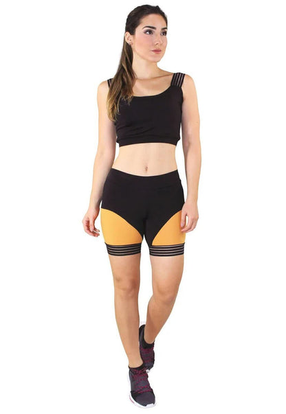Conjunto Fitness Preto e Laranja/Mostarda com Recortes e Tiras