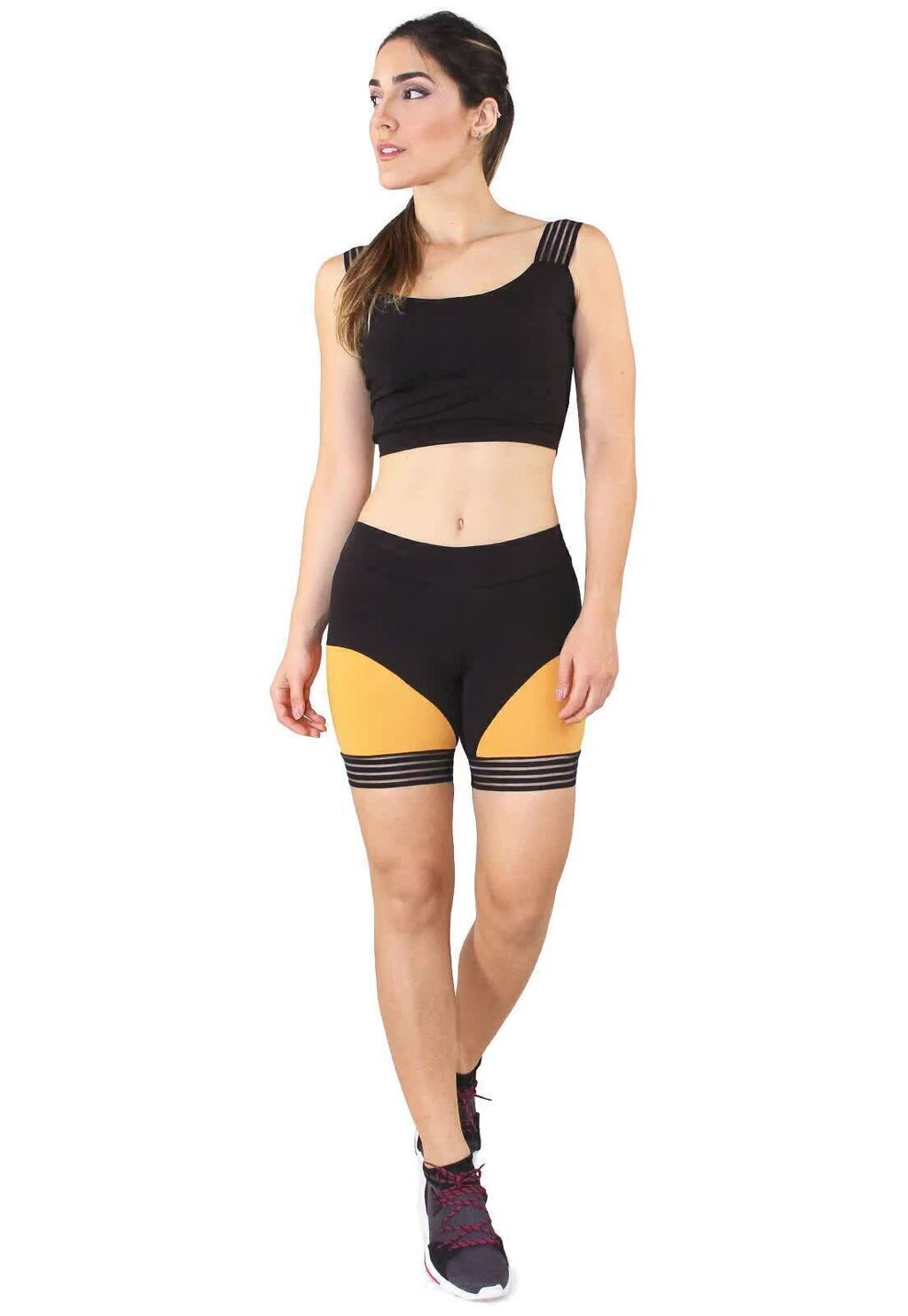 Conjunto Fitness Preto e Laranja/Mostarda com Recortes e Tiras
