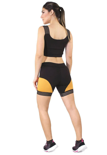 Conjunto Fitness Preto e Laranja/Mostarda com Recortes e Tiras