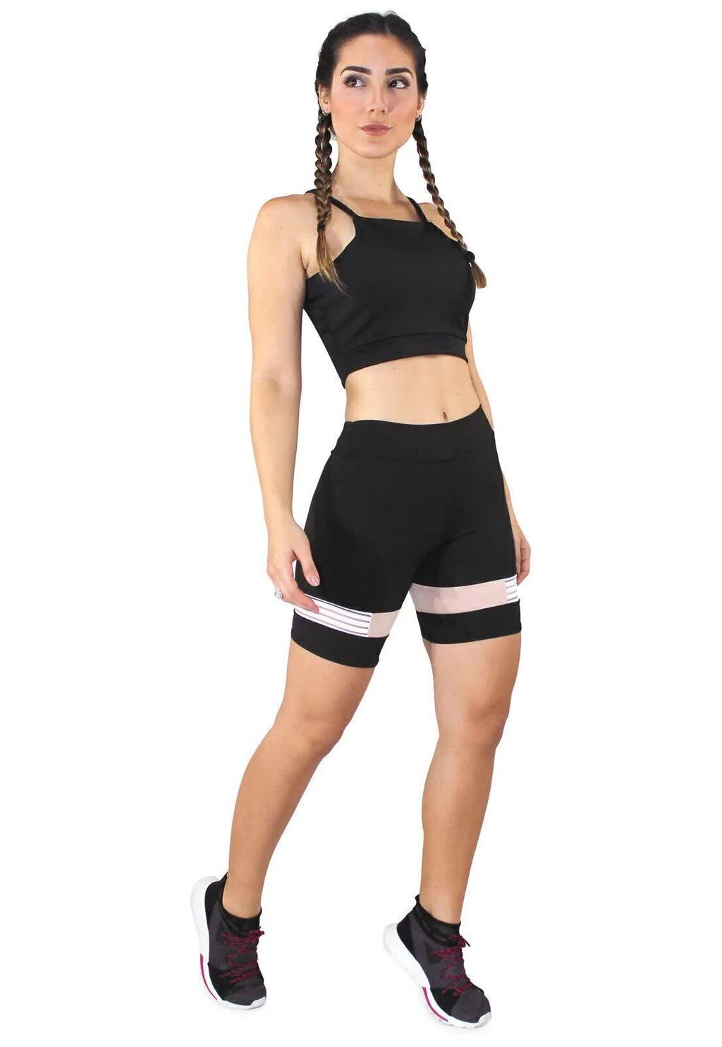 Conjunto Fitness Black com Short Ciclista Tule Transparência - Tendência