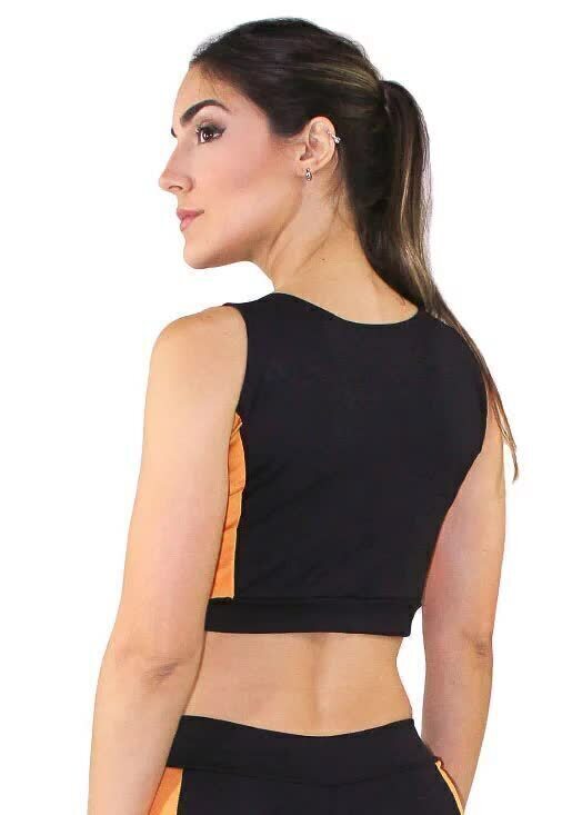 Top Cropped Preto Color Block Laranja