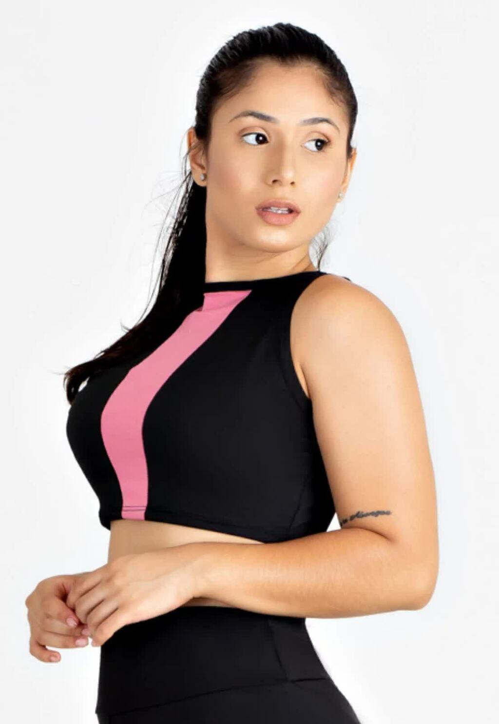 Top Cropped Fitness Bicolor com Recorte Vertical