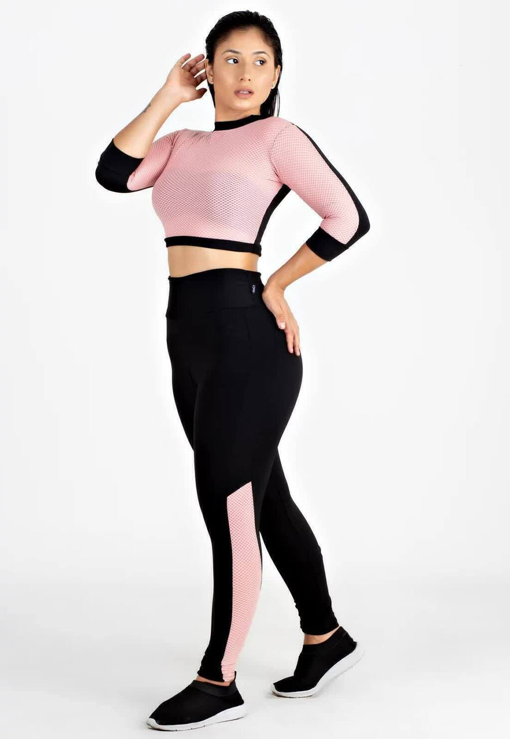 Conjunto Cropped Manga 3/4 e Legging Compressão (Rosa/Preto)