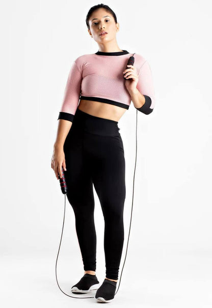 Conjunto Cropped Manga 3/4 e Legging Compressão (Rosa/Preto)