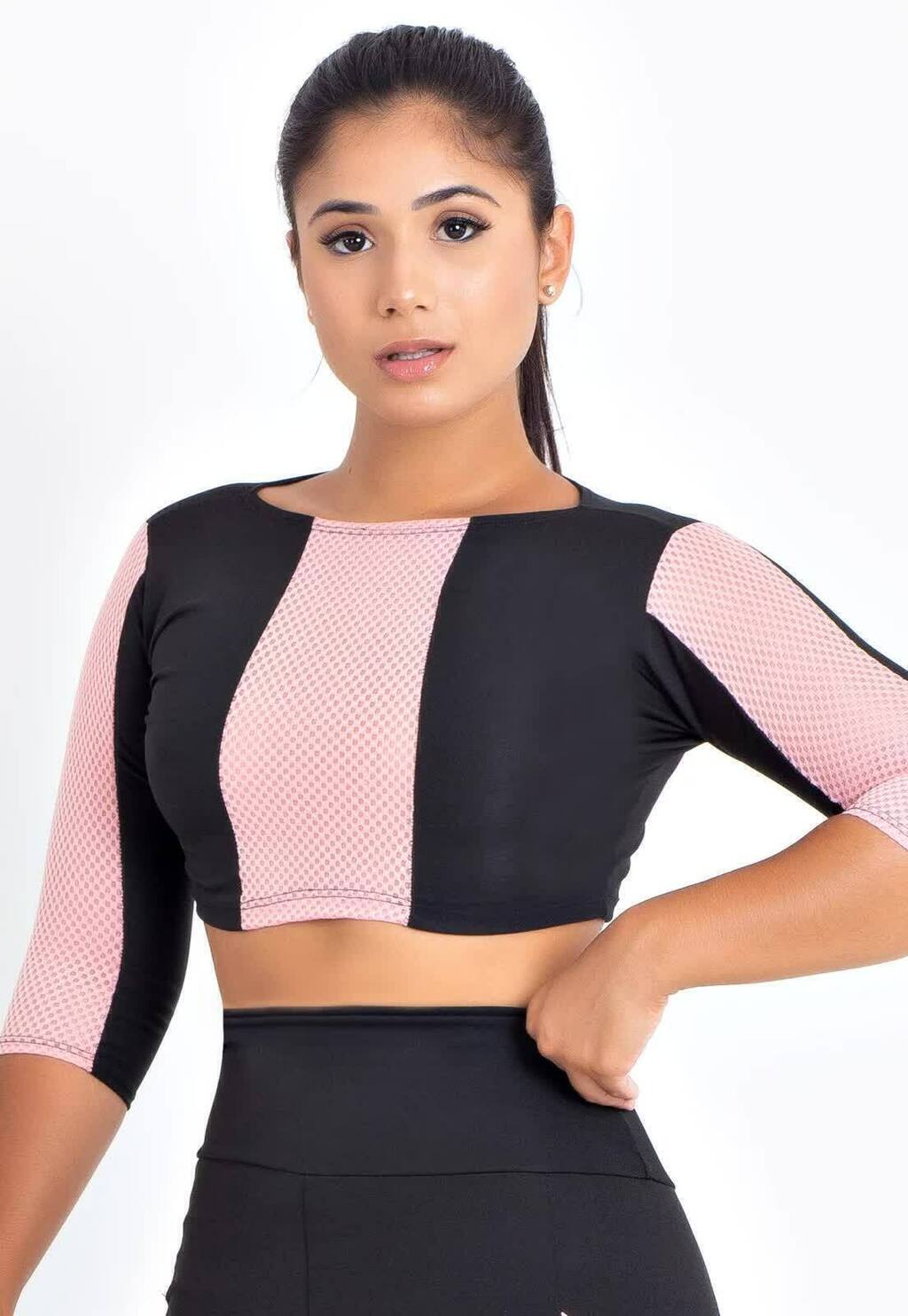 Top Cropped Rosa e Preto Color Block