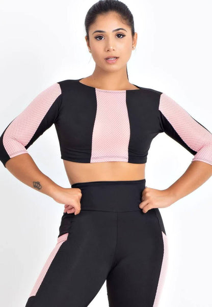 Top Cropped Rosa e Preto Color Block
