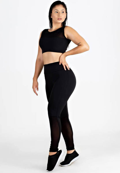 Conjunto Fitness Preto Legging com Tela e Top Decote em Mesh