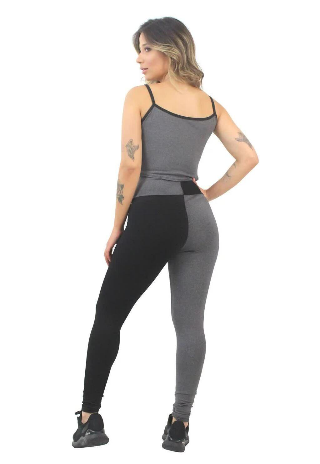 Conjunto Feminino Legging Cinza e Preta Metade e Top Bicolor