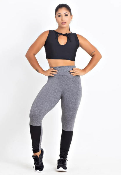 Conjunto Cinza Mescla e Preto: Top 2 em 1 e Legging Alta Compressão