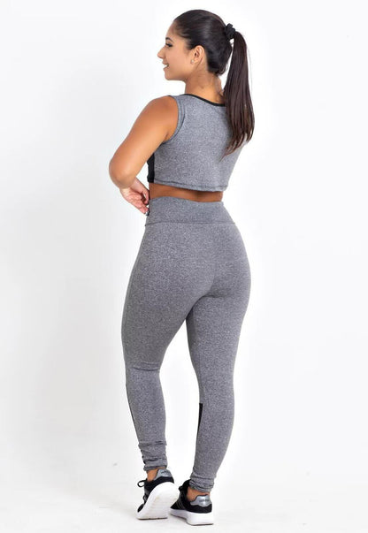 Conjunto Cinza Mescla e Preto: Top 2 em 1 e Legging Alta Compressão