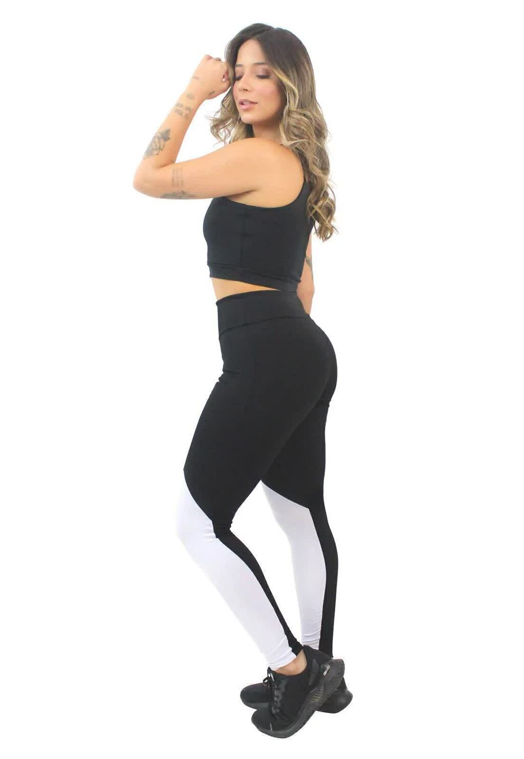 Conjunto Fitness P&B: Legging Color Block e Top Cropped Preto Básico