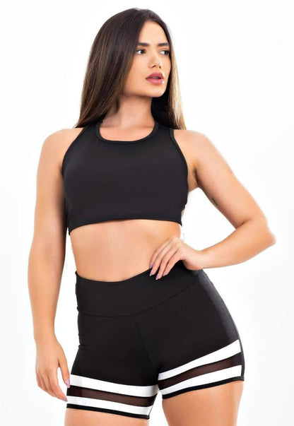 Conjunto Fitness Preto com Faixas Brancas e Detalhe em Tule Lateral