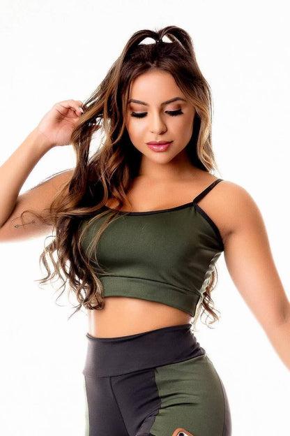Top Cropped Verde Militar com Alças Finas