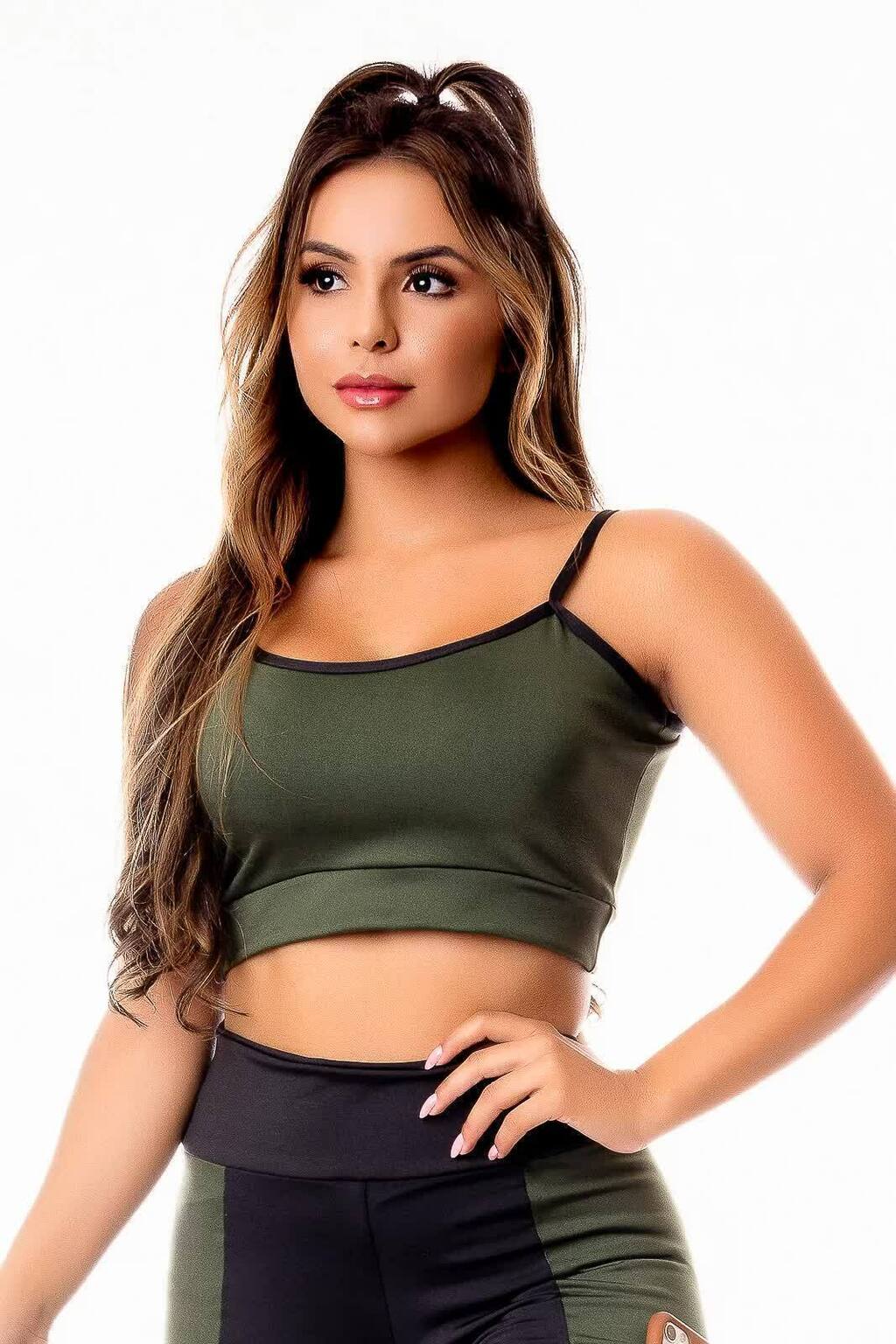 Top Cropped Verde Militar com Alças Finas