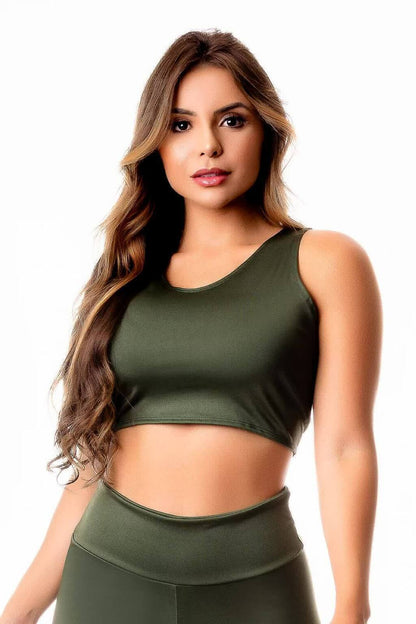 Top Cropped Fitness Verde Militar Básico