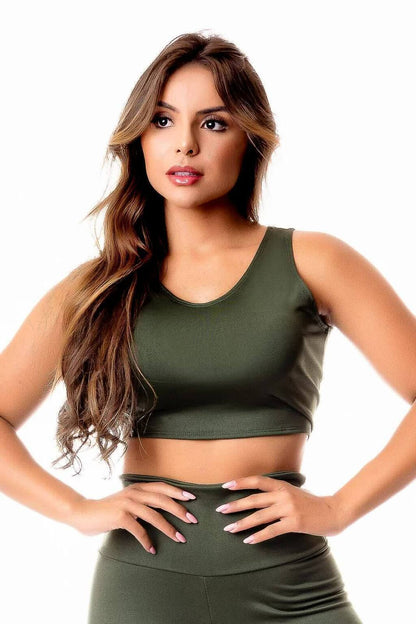 Top Cropped Fitness Verde Militar Básico