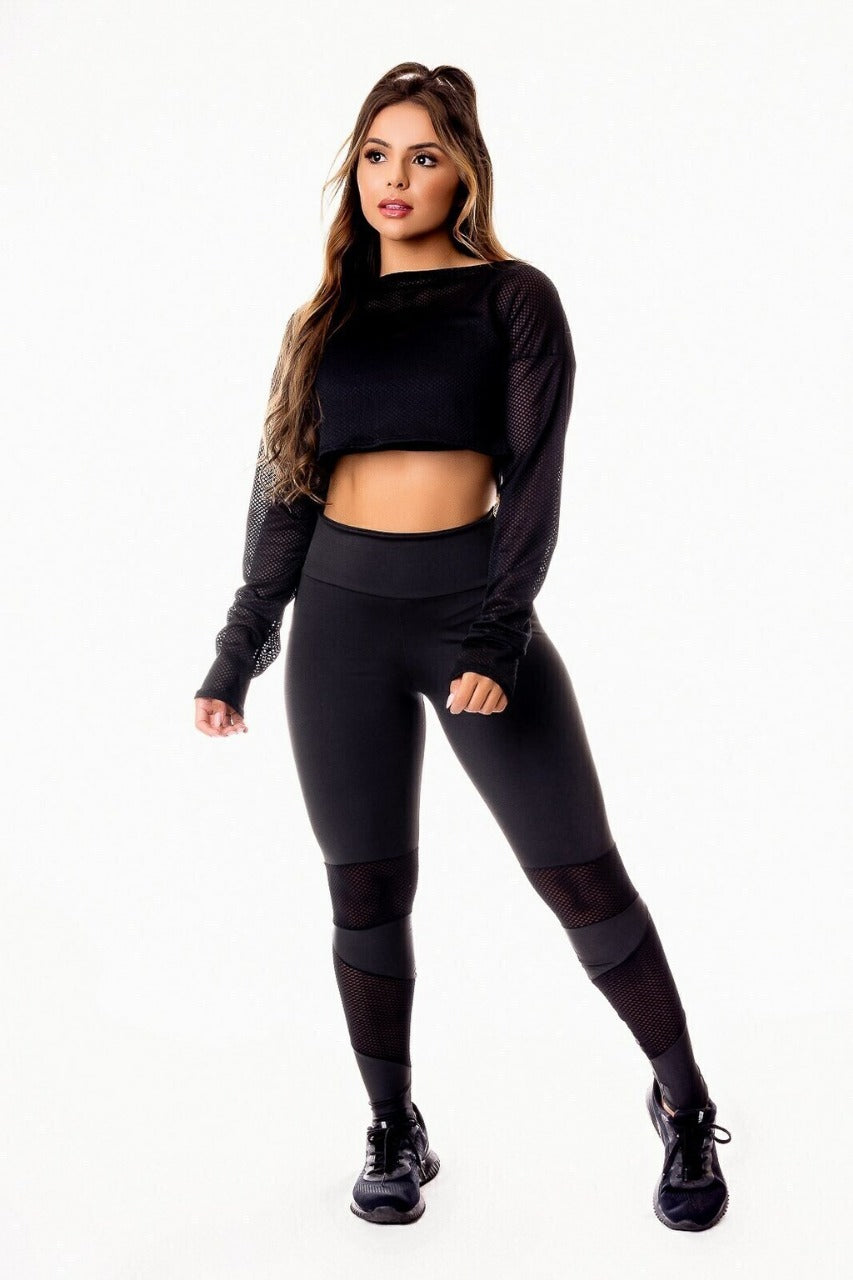 Conjunto Power: Legging e Cropped Manga Longa Black Mesh