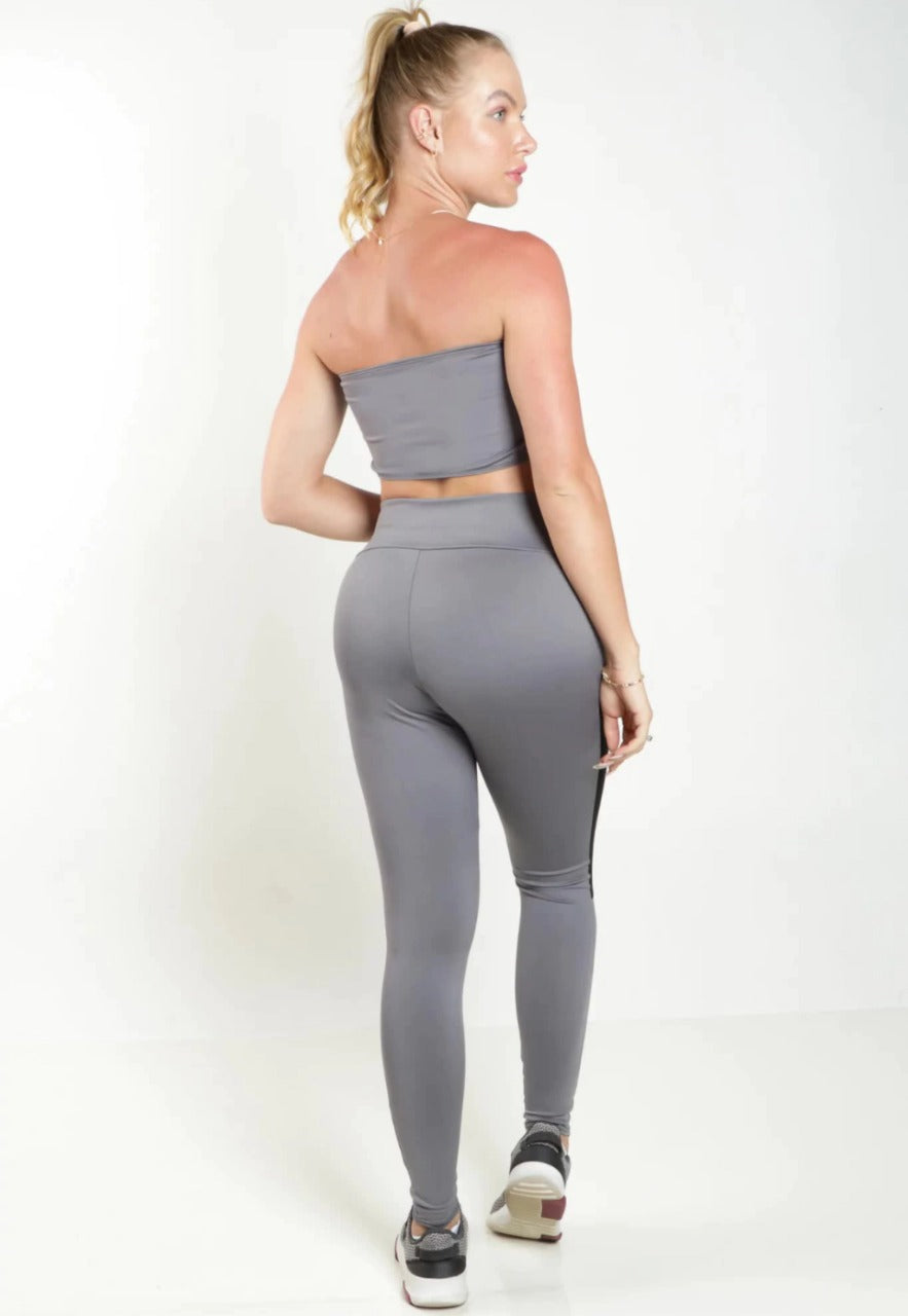 Conjunto Fitness Cinza: Top Faixa e Legging com Tela