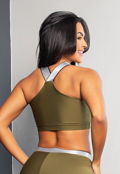 Top Cropped Verde Militar Alça Metalizada