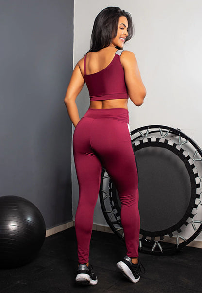 Conjunto Legging Marsala com Bolso Porta Celular e Top Assimétrico